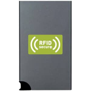A grey RFID case featuring a sleek design and a logo, designed for secure card storage.