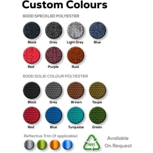 A collection of fabric swatches in various colours, including black, grey, blue, red, and green, with textures visible.