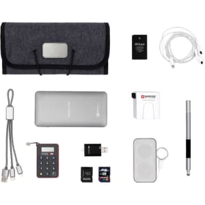 A grey folio accessory roll containing a portable charger, cables, a stylus, SD cards, and a card reader, along with a branding logo.