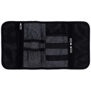 A grey toiletry roll with multiple compartments, mesh pockets, and zippers, featuring a logo.