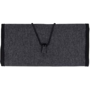 A grey toiletry bag with a textured finish, featuring a drawstring closure and black trim, including a logo.