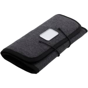A grey toiletry accessory roll with a black trim, featuring a transparent pocket and a closure. It has a logo.
