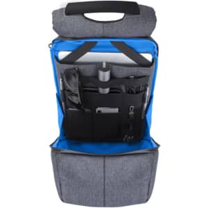 A grey backpack with a blue interior, featuring multiple pockets and compartments for organisation.