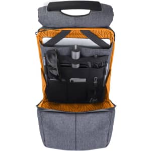 A grey backpack with an orange interior, featuring multiple pockets and compartments for organisation. It has a handle on top.