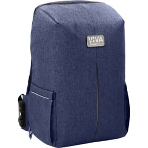 A navy blue backpack with a sleek design, featuring side pockets and a visible logo.