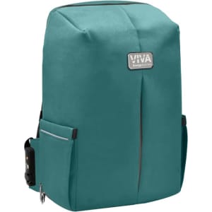 A teal backpack with multiple pockets and a branding logo, featuring a sleek, modern design.