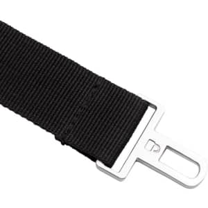 A black strap made of webbing material featuring a silver metal buckle. It includes a brand logo.