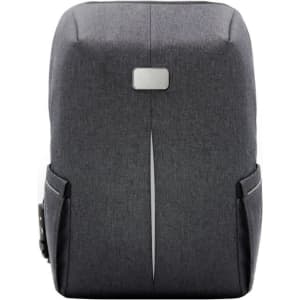 A grey backpack with a sleek design, featuring side pockets and a logo.