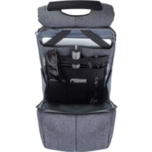 A grey backpack with multiple interior compartments, including slots for sunglasses and a drink bottle. It features a top handle.