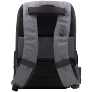 A grey backpack featuring padded straps and a logo, designed with sleek, anti-theft features.