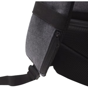 A grey backpack with a zippered pocket and padded straps, featuring a mesh design on the back.
