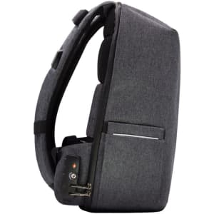 A grey backpack with a sleek design, featuring zippers, a side pocket, and an integrated logo.