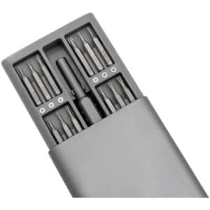 A grey precision tool kit with various screwdriver bits and a holder, featuring a sleek, compact design.