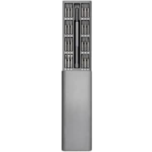 A compact grey tool kit featuring multiple precision screwdrivers arranged in a sleek container with a logo.