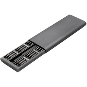 A compact grey tool kit featuring multiple precision bit drivers, housed in a sleek case.