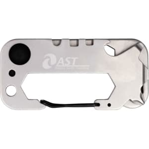A silver multi-tool featuring various tools and a keyring attachment, with a logo included.