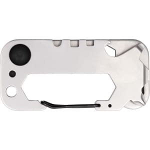 A silver multi-tool featuring various functions and a built-in keyring attachment. It has a simple, sleek design.
