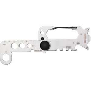 A silver multi-tool with various hexagon shapes, a bottle opener, and a carabiner clip. It features measurement markings.