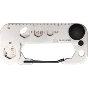 A silver multi-tool with various functions including screwdrivers, a wire cutter, and measurement markings. It has a keyring attachment.