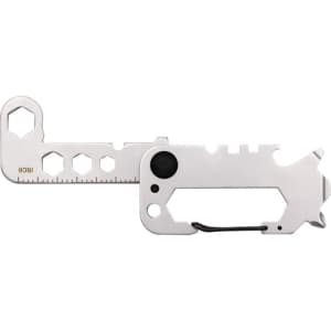 A silver multi-tool featuring various functions, including a ruler, wrench, and flathead screwdriver, with a keyring attachment.