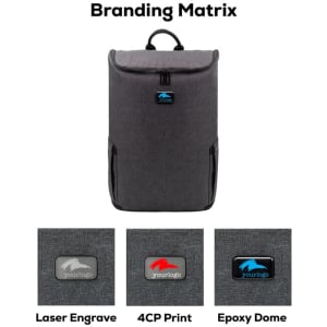 A grey backpack with a top flap, featuring a logo and multiple branding options at the bottom.