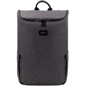 A grey backpack with a zippered top, featuring a handle and side pockets, plus a branding logo.