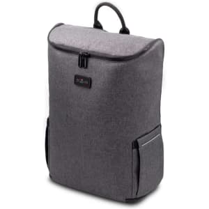 A grey backpack with a zipped top, featuring side pockets and a logo on the front.