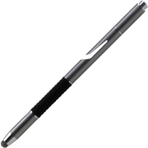 A stylus pen in silver with a black rubber grip, featuring a branding logo on the side.