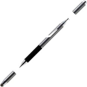 A silver stylus pen with a black grip, featuring a removable cap and an embedded logo.