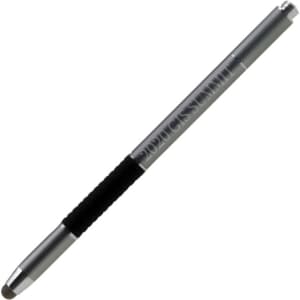 A silver stylus pen with a textured black grip and a rounded tip, featuring a logo on the barrel.
