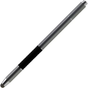 A silver stylus pen with a black grip, featuring a smooth, rounded tip and a logo.