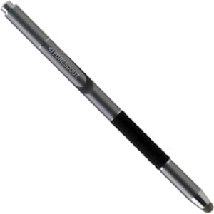 A silver stylus pen with a black grip and a logo, designed for writing and touchscreen use.