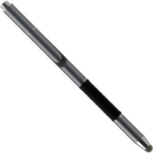 A silver stylus pen with a black grip, featuring a logo on the side.
