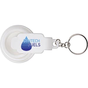 A white torch keychain featuring a circular design, with a keyring and branding displayed on the body.
