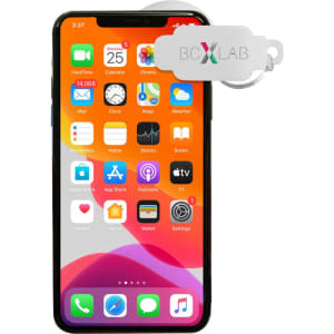 A smartphone with a vibrant orange background, featuring various app icons and a tag attached.