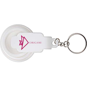 A white keychain torch with a round lens and a branding logo. Features a simple design for easy portability.