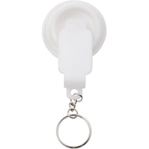 A white smartphone torch attached to a keyring, with a simple design and a keychain loop.