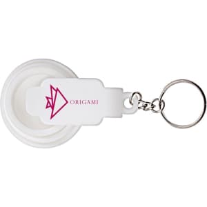 A white keychain torch with a simple design, featuring a branding logo.
