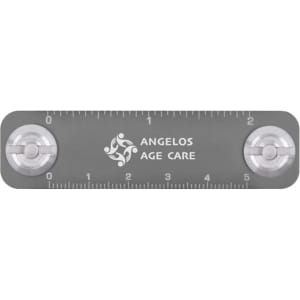 A grey Keyper Case keyring with a measurement scale and two metal attachments, featuring a logo.