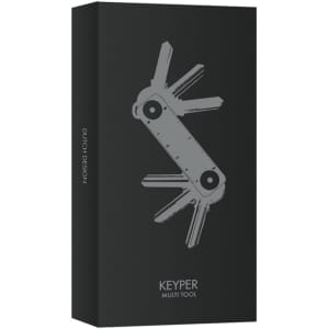 A sleek black packaging featuring the Keyper multi-tool design in grey, showcasing its compact and practical features.