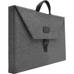 A grey laptop bag with a flap closure and a carrying handle, featuring a logo on the front.