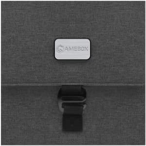 A dark grey laptop bag with a metallic logo and a clasp closure.