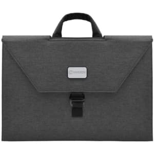 A grey laptop bag with a handle and a clasp closure, featuring a logo on the front.