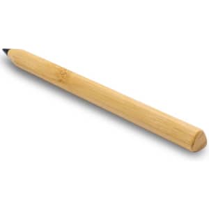 A bamboo pen with a smooth, rounded design and a black writing tip, featuring a simple branding element.