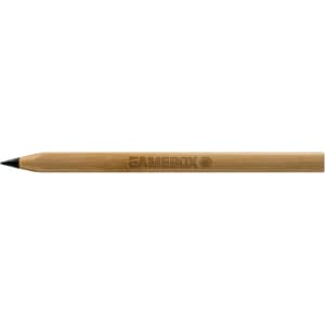 A bamboo pen with a natural finish and a black tip, featuring a logo.
