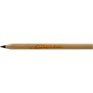 A bamboo pen with a black nib, featuring a logo in orange and black on its side.