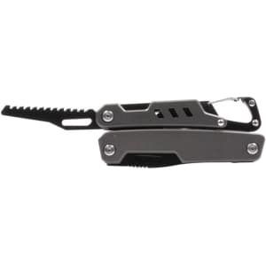 A multi-tool featuring a grey finish, with various tools including a saw and a carabiner clip.