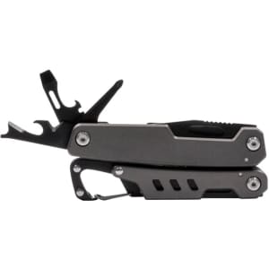 A compact, grey multi-tool featuring various tools and a carabiner clip for attachment.