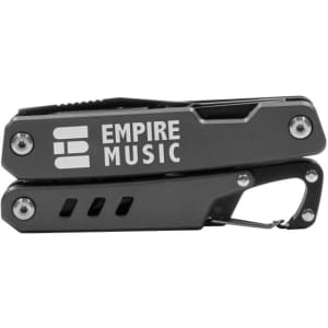 A grey multi-tool with a carabiner and a branding logo, featuring multiple tool functions.