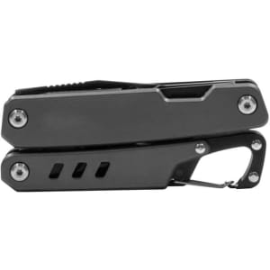 A grey multi-tool with a carabiner clip, featuring multiple tool functions and a sleek, compact design.
